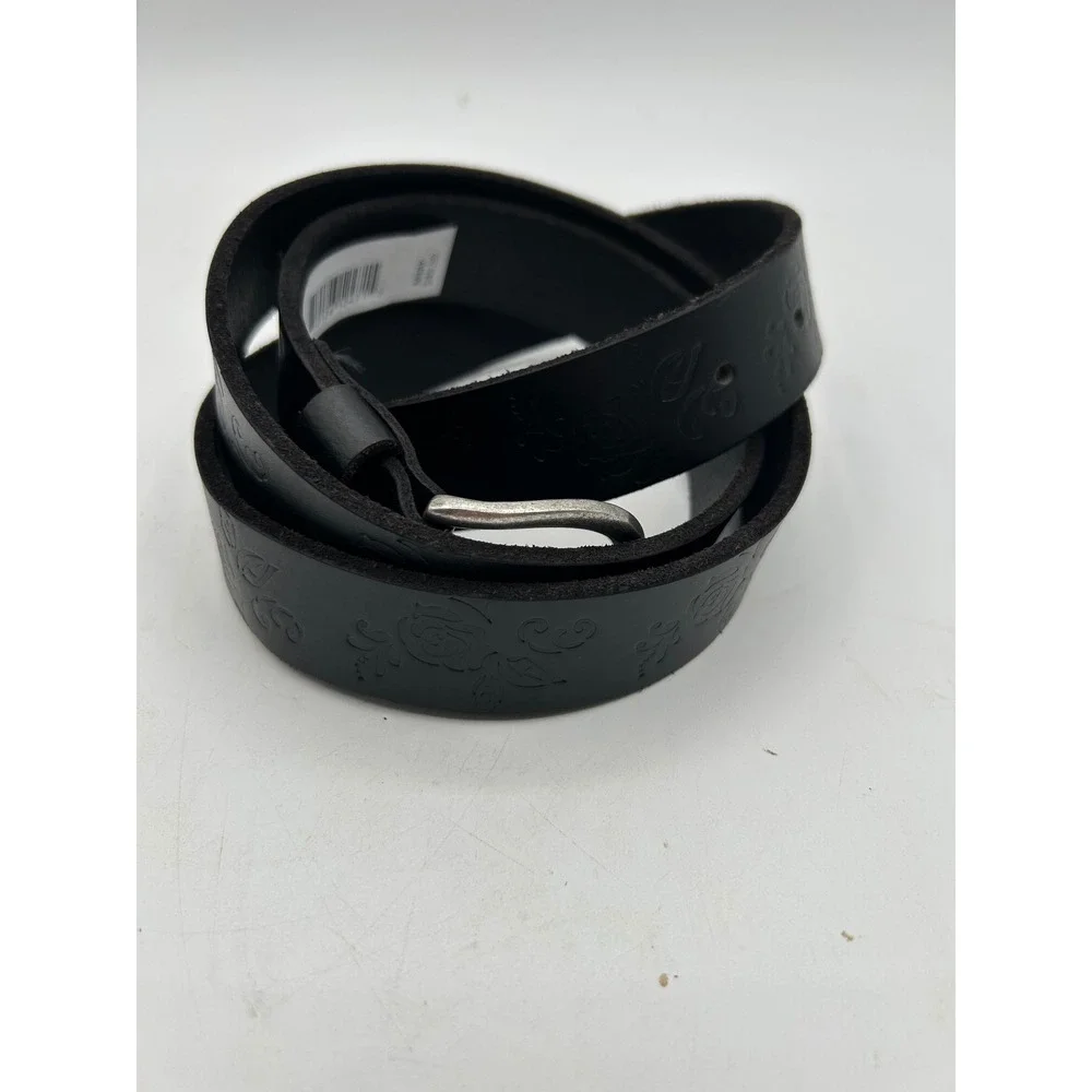 Lucky Brand Belt Women Large Black Floral Embossed Leather Silver Buckle Casual